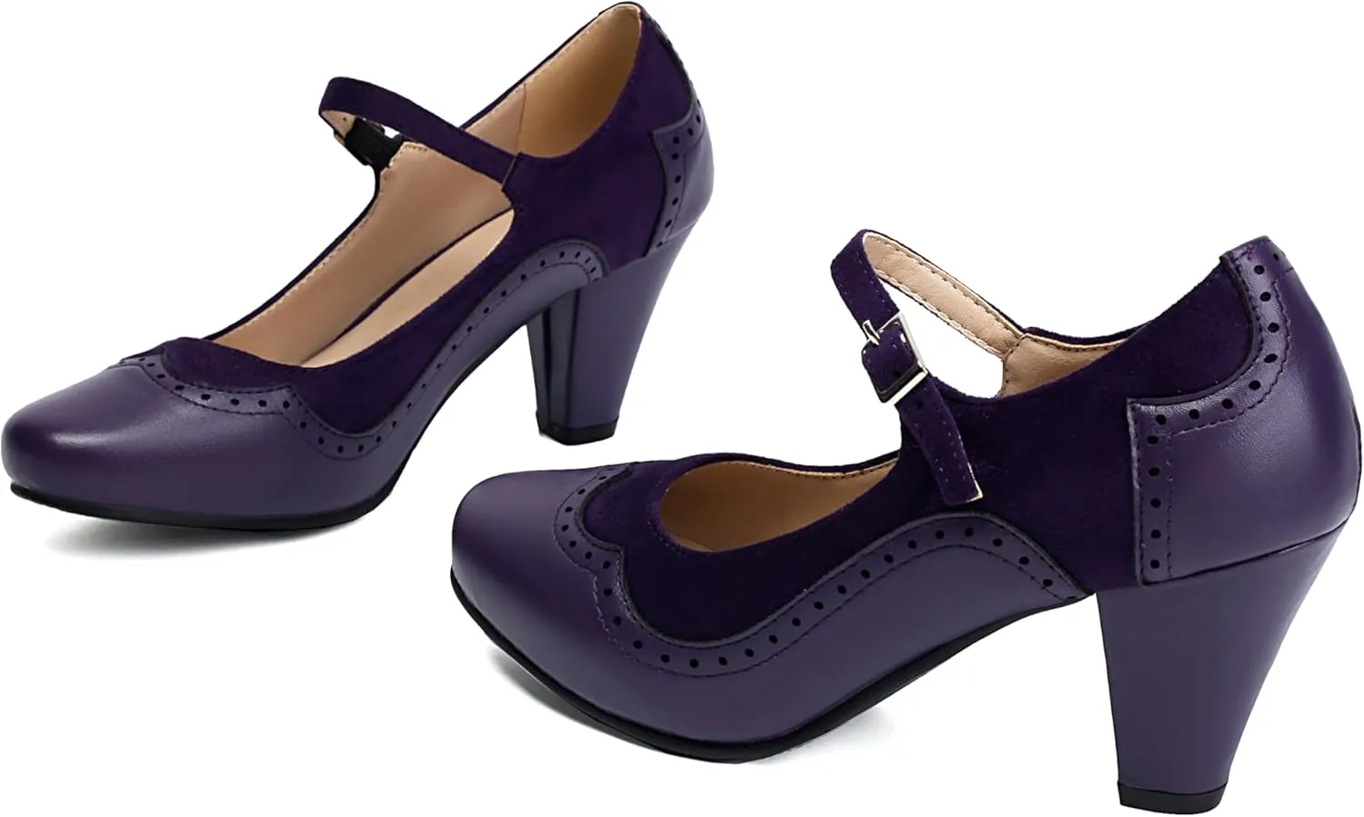 Elerhythm Women's Mary Jane Classic and Retro 1920s Pump Heels Gatsby Oxford Pattern 1950s Pinup Vintage Round Closed Toe 1940s Ankle Strap Dress Shoes