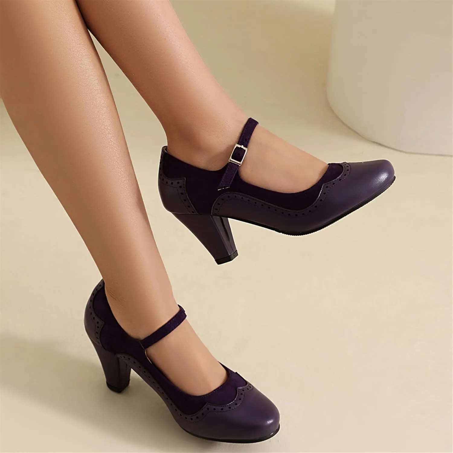 Elerhythm Women's Mary Jane Classic and Retro 1920s Pump Heels Gatsby Oxford Pattern 1950s Pinup Vintage Round Closed Toe 1940s Ankle Strap Dress Shoes