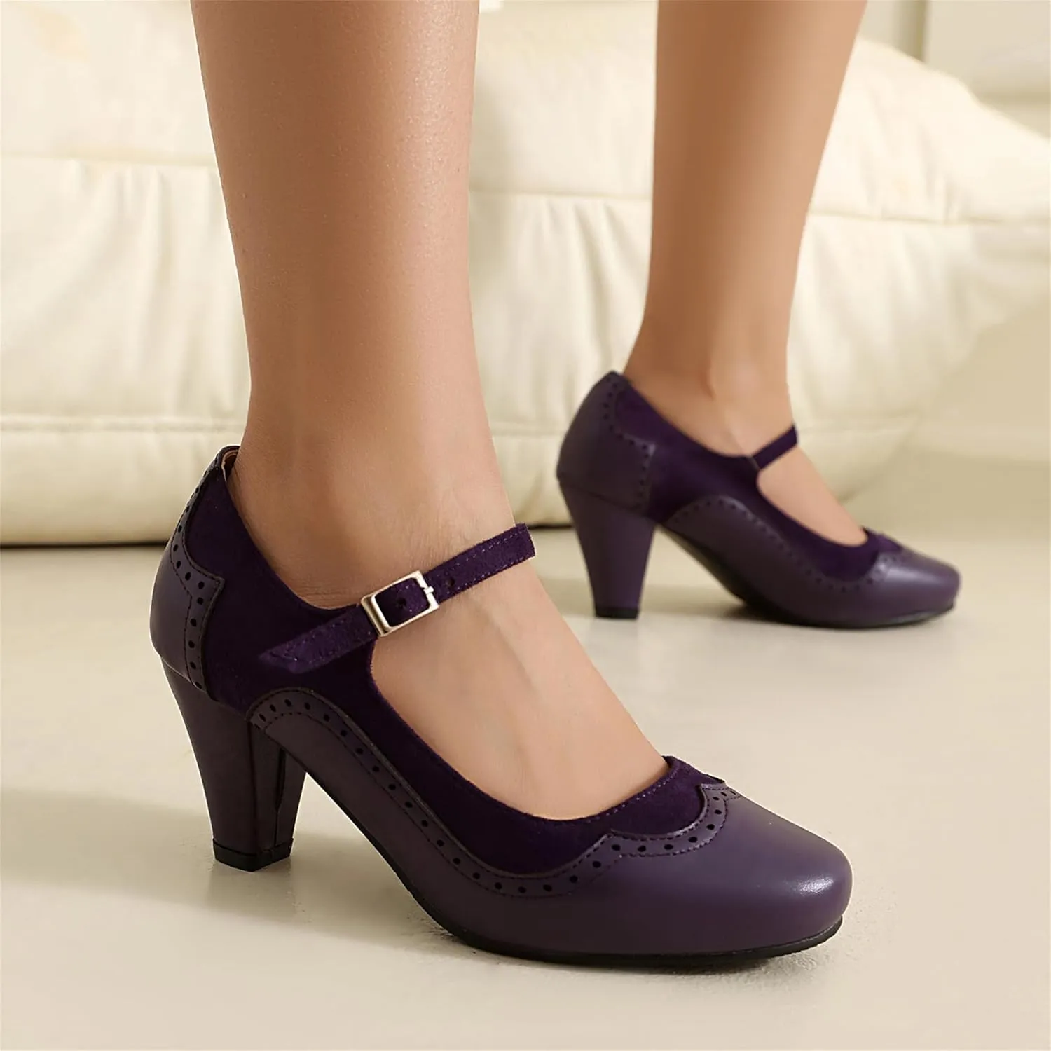 Elerhythm Women's Mary Jane Classic and Retro 1920s Pump Heels Gatsby Oxford Pattern 1950s Pinup Vintage Round Closed Toe 1940s Ankle Strap Dress Shoes