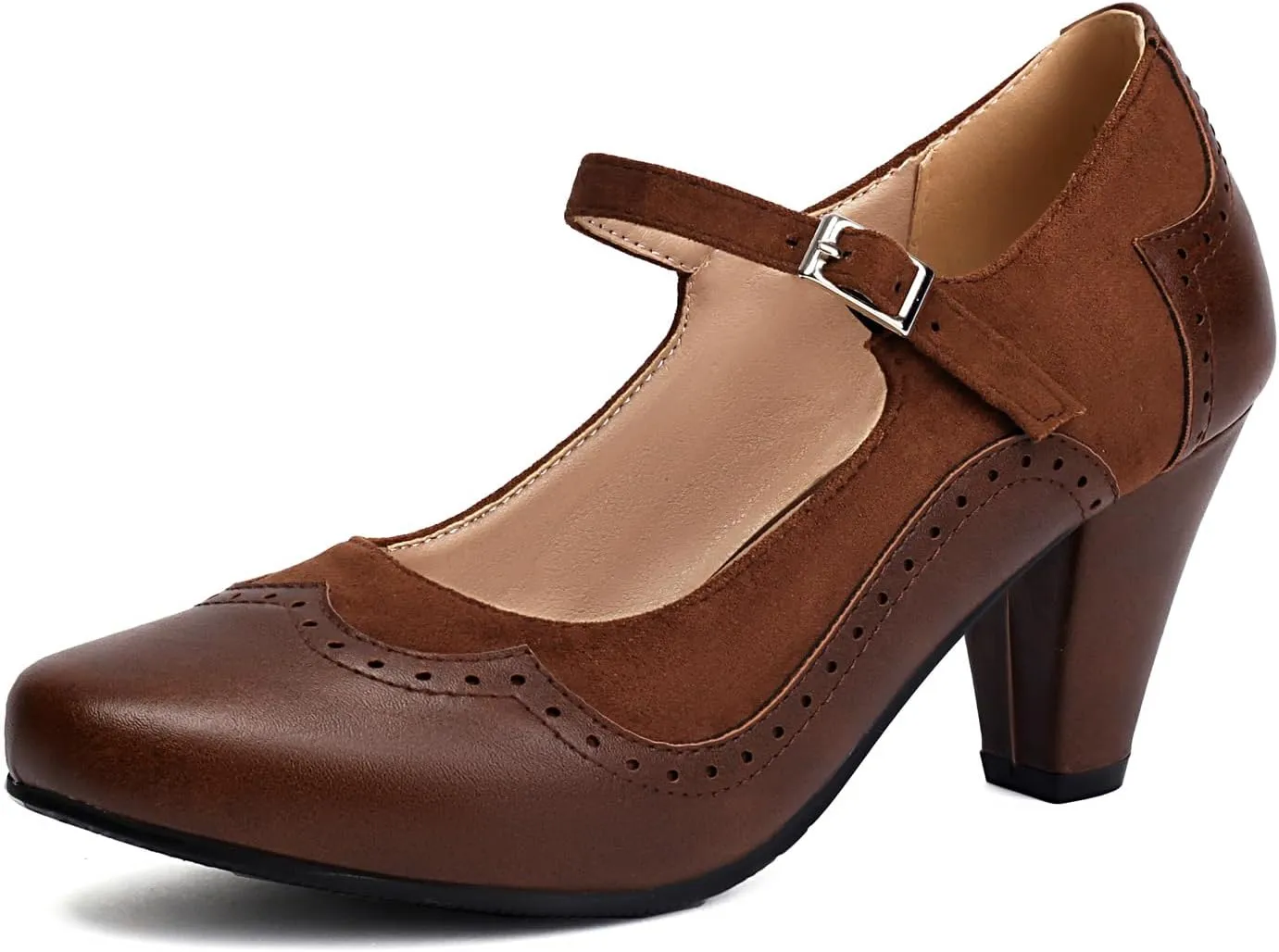 Elerhythm Women's Mary Jane Classic and Retro 1920s Pump Heels Gatsby Oxford Pattern 1950s Pinup Vintage Round Closed Toe 1940s Ankle Strap Dress Shoes