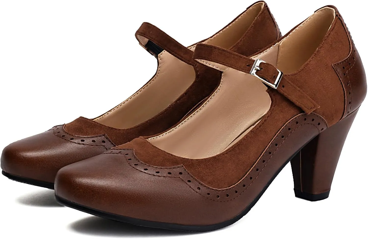 Elerhythm Women's Mary Jane Classic and Retro 1920s Pump Heels Gatsby Oxford Pattern 1950s Pinup Vintage Round Closed Toe 1940s Ankle Strap Dress Shoes