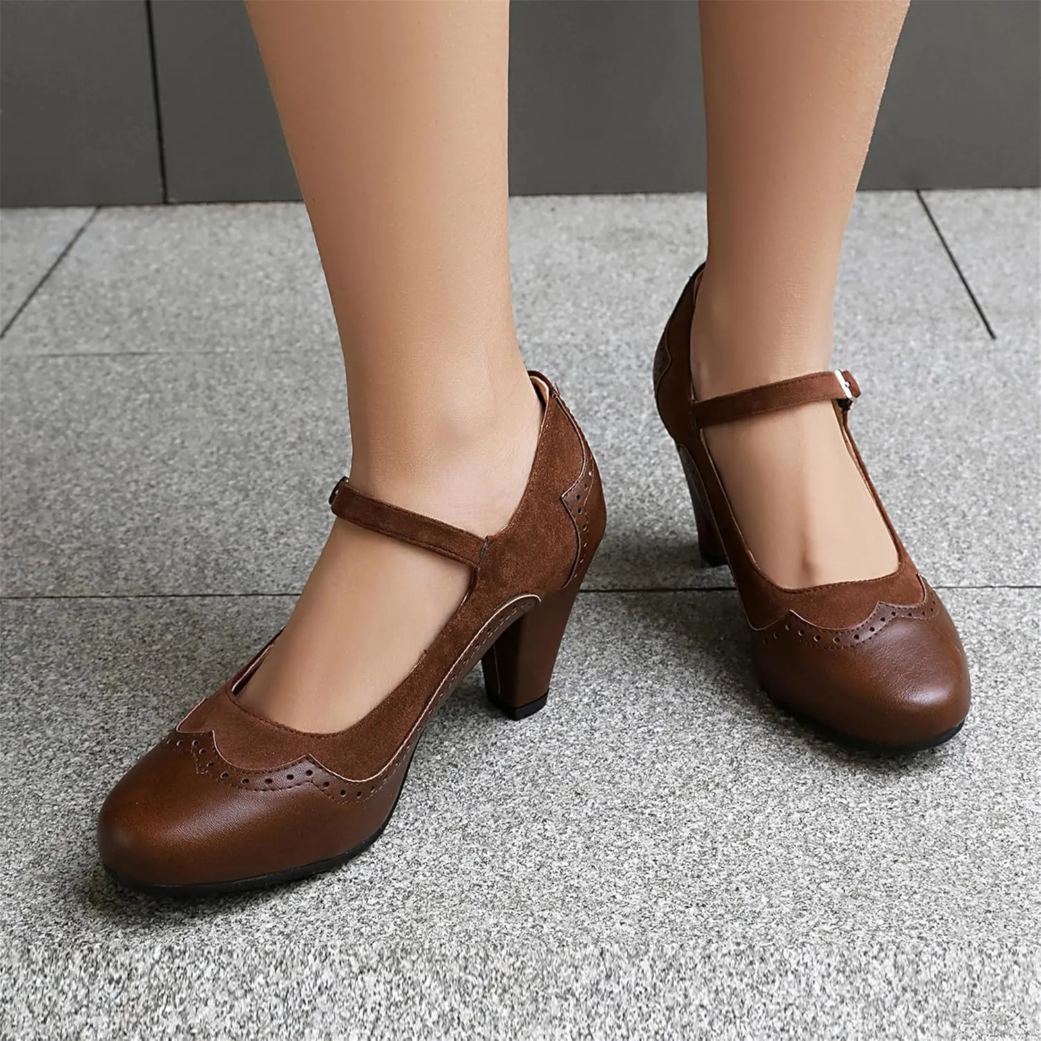 Elerhythm Women's Mary Jane Classic and Retro 1920s Pump Heels Gatsby Oxford Pattern 1950s Pinup Vintage Round Closed Toe 1940s Ankle Strap Dress Shoes