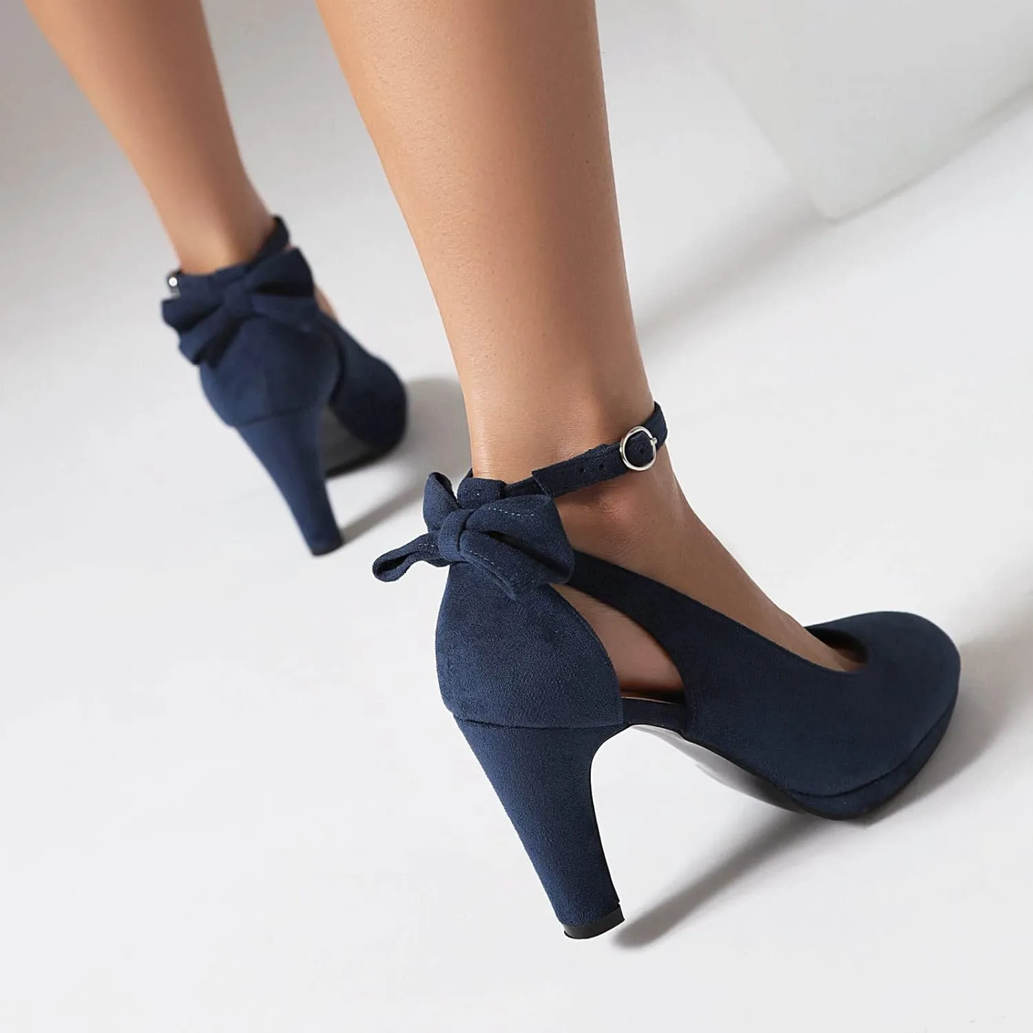Elerhythm Women's Mary Jane Heels with Bow Retro Closed Round Toe Suede Ankle Strap Pumps Gatsby Vintage Sweet Office Daily Dress Shoes