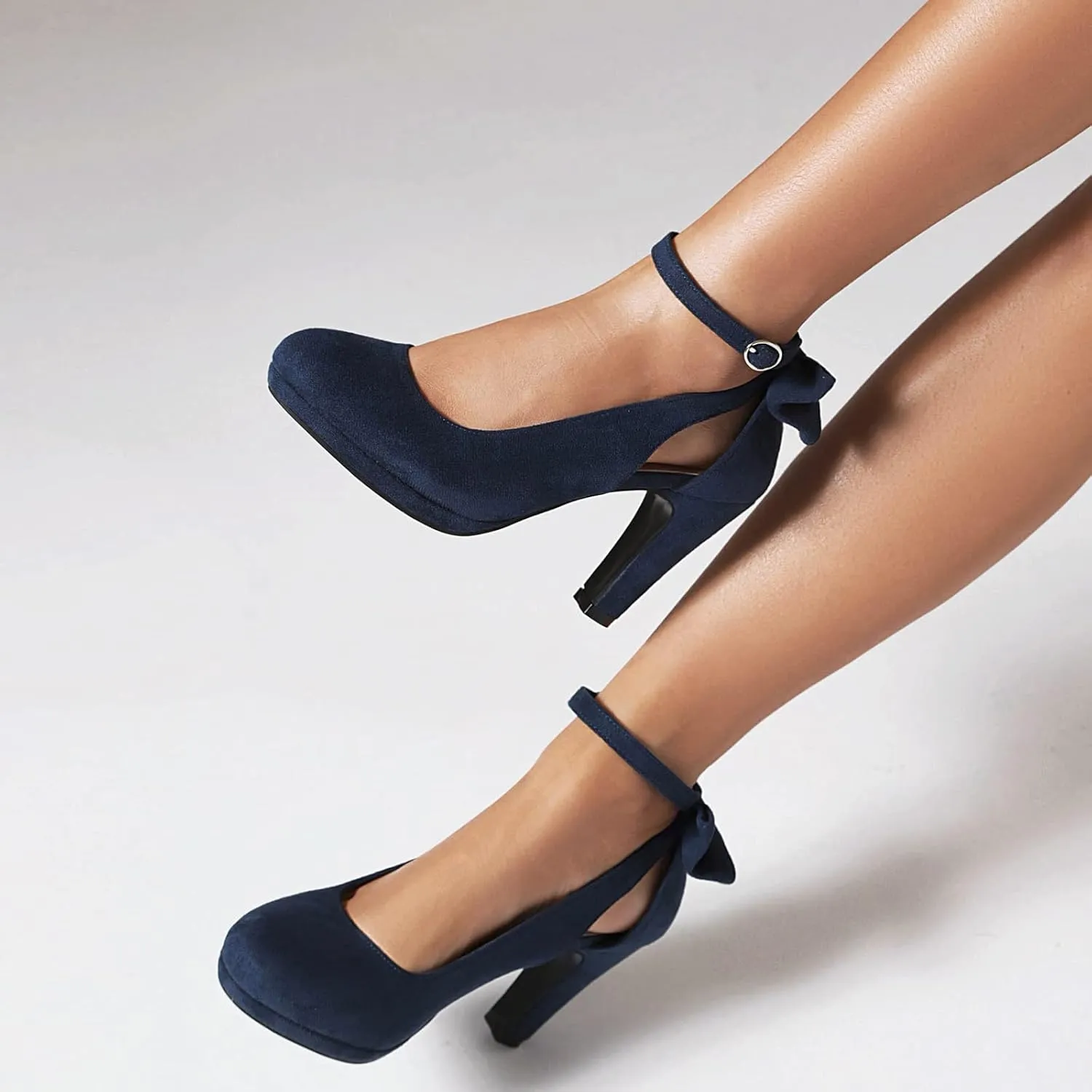 Elerhythm Women's Mary Jane Heels with Bow Retro Closed Round Toe Suede Ankle Strap Pumps Gatsby Vintage Sweet Office Daily Dress Shoes