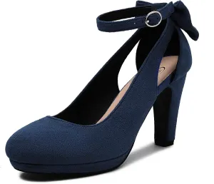 Elerhythm Women's Mary Jane Heels with Bow Retro Closed Round Toe Suede Ankle Strap Pumps Gatsby Vintage Sweet Office Daily Dress Shoes