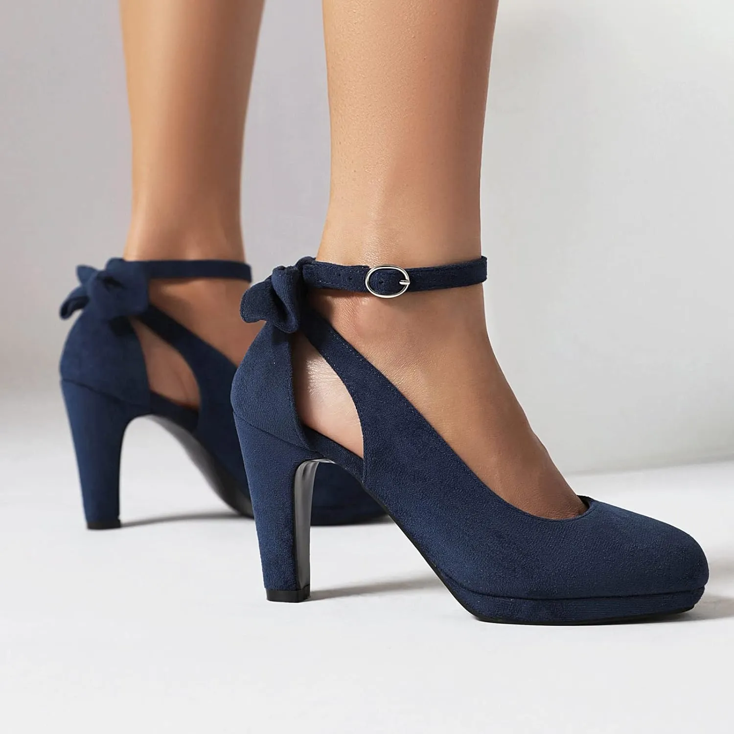 Elerhythm Women's Mary Jane Heels with Bow Retro Closed Round Toe Suede Ankle Strap Pumps Gatsby Vintage Sweet Office Daily Dress Shoes