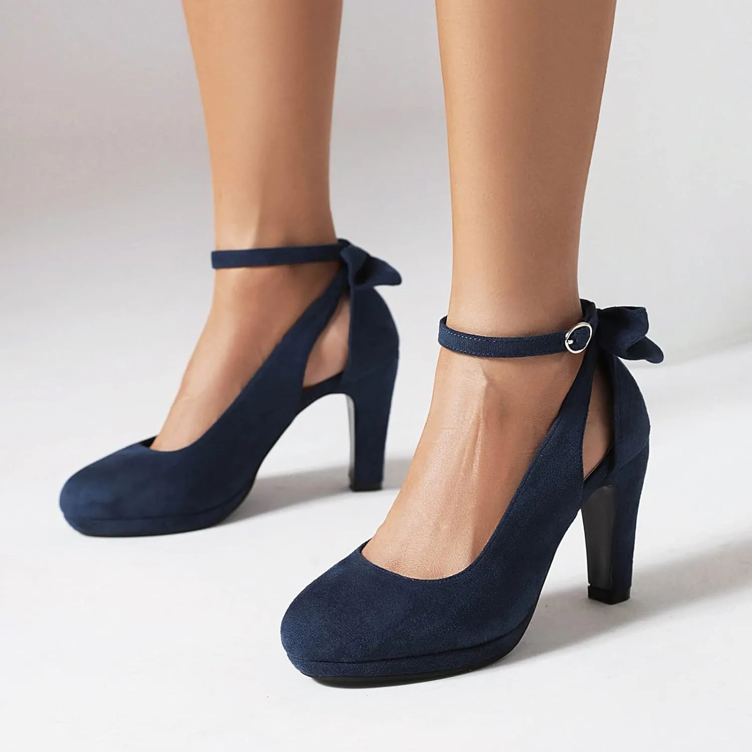 Elerhythm Women's Mary Jane Heels with Bow Retro Closed Round Toe Suede Ankle Strap Pumps Gatsby Vintage Sweet Office Daily Dress Shoes