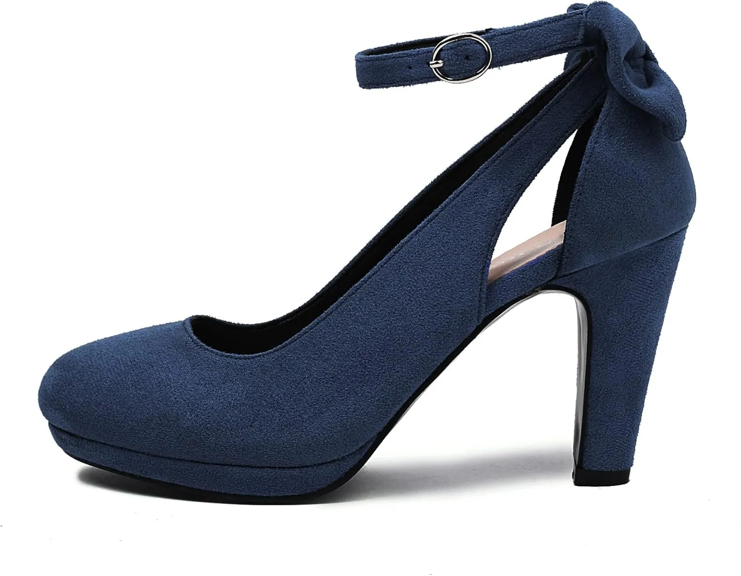 Elerhythm Women's Mary Jane Heels with Bow Retro Closed Round Toe Suede Ankle Strap Pumps Gatsby Vintage Sweet Office Daily Dress Shoes