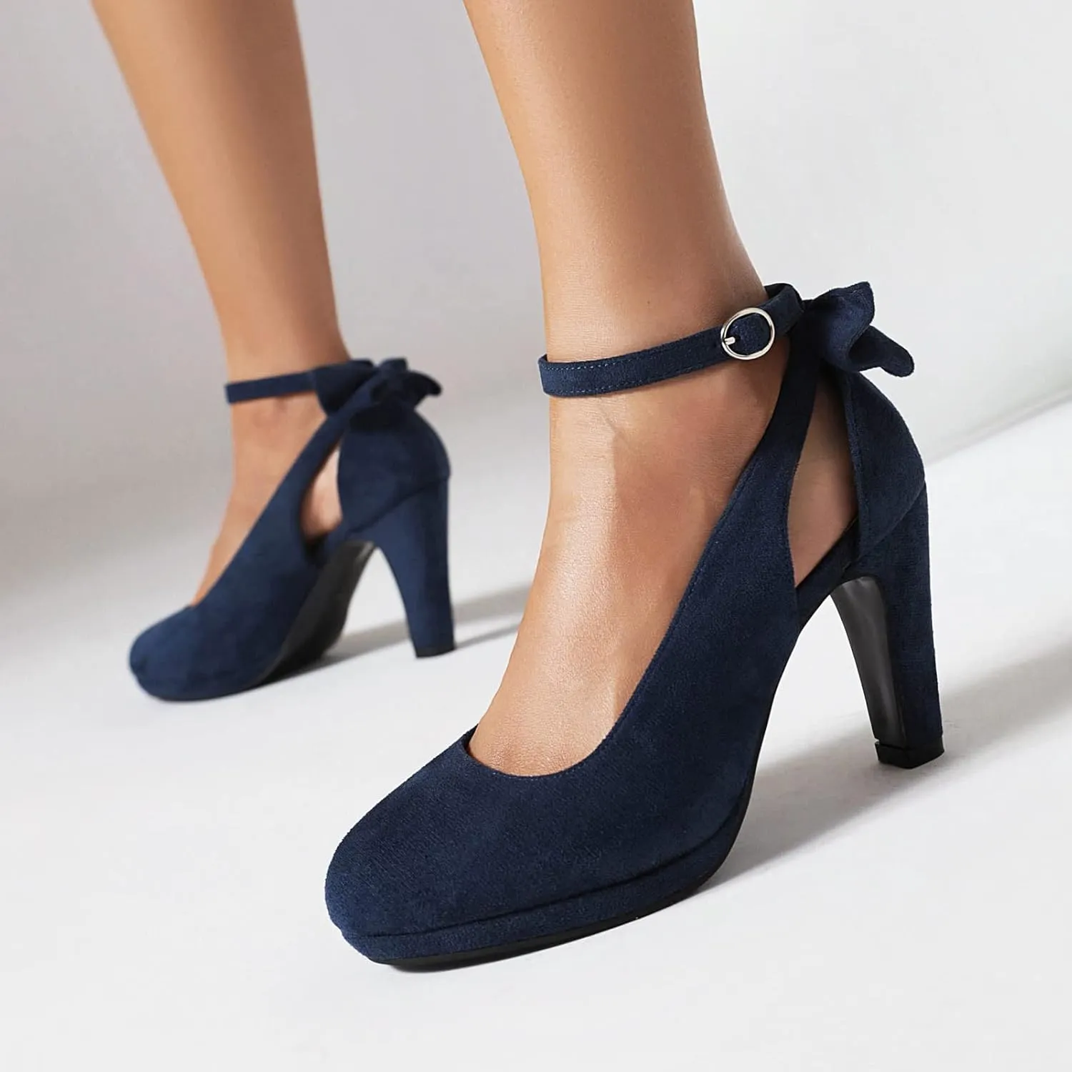 Elerhythm Women's Mary Jane Heels with Bow Retro Closed Round Toe Suede Ankle Strap Pumps Gatsby Vintage Sweet Office Daily Dress Shoes