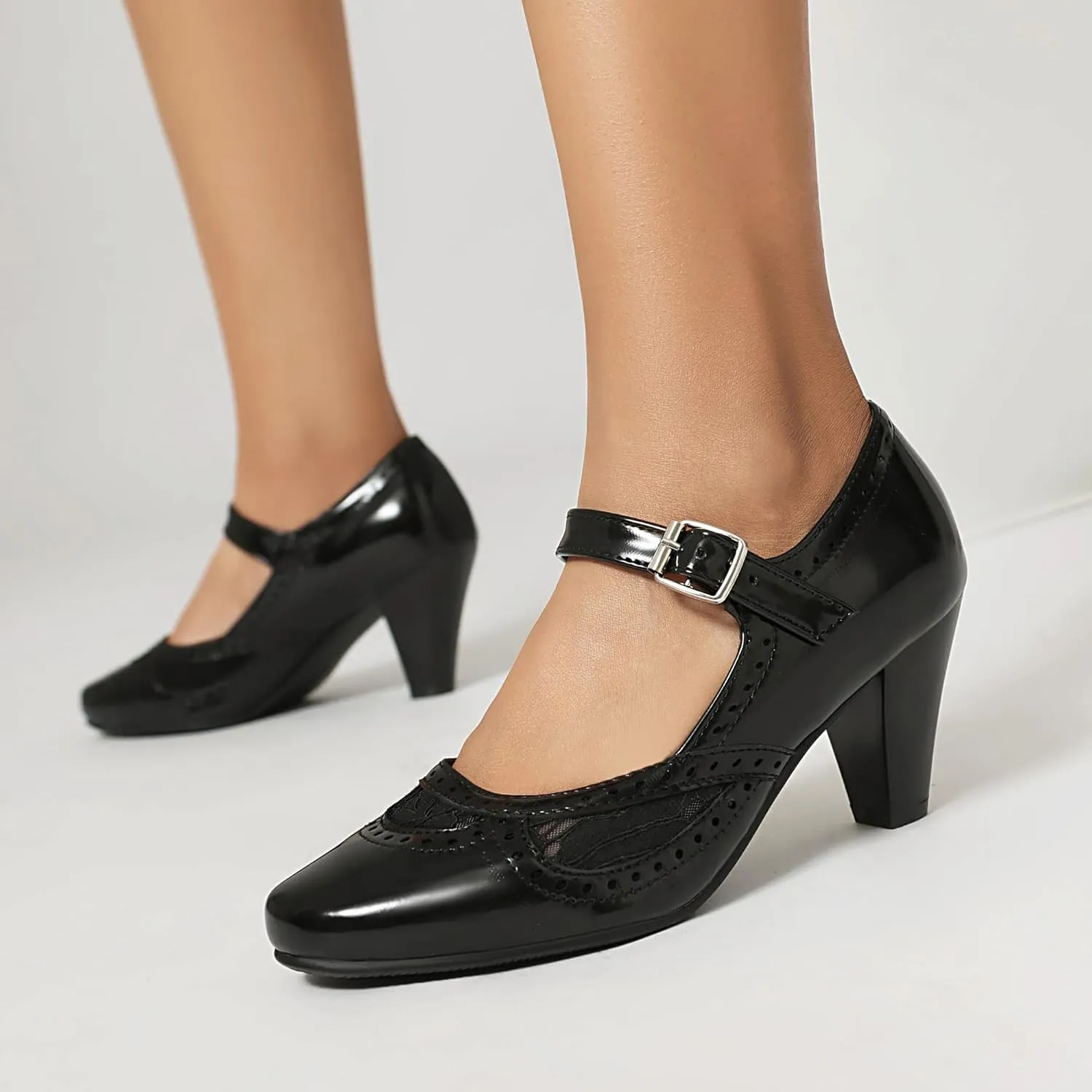 Elerhythm Women's Mary Jane Lace Flower Closed Round Toe Vintage Heels Gatsby 1950s Pumps 1920s Victorian Retro Shoes