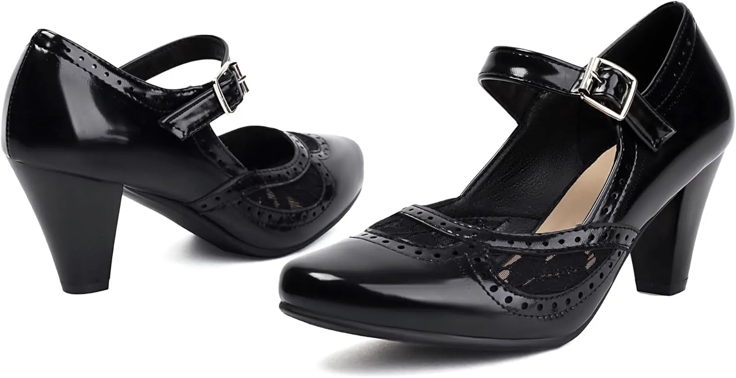 Elerhythm Women's Mary Jane Lace Flower Closed Round Toe Vintage Heels Gatsby 1950s Pumps 1920s Victorian Retro Shoes