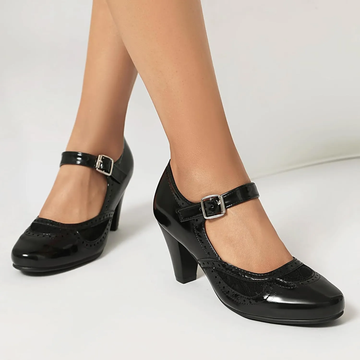 Elerhythm Women's Mary Jane Lace Flower Closed Round Toe Vintage Heels Gatsby 1950s Pumps 1920s Victorian Retro Shoes