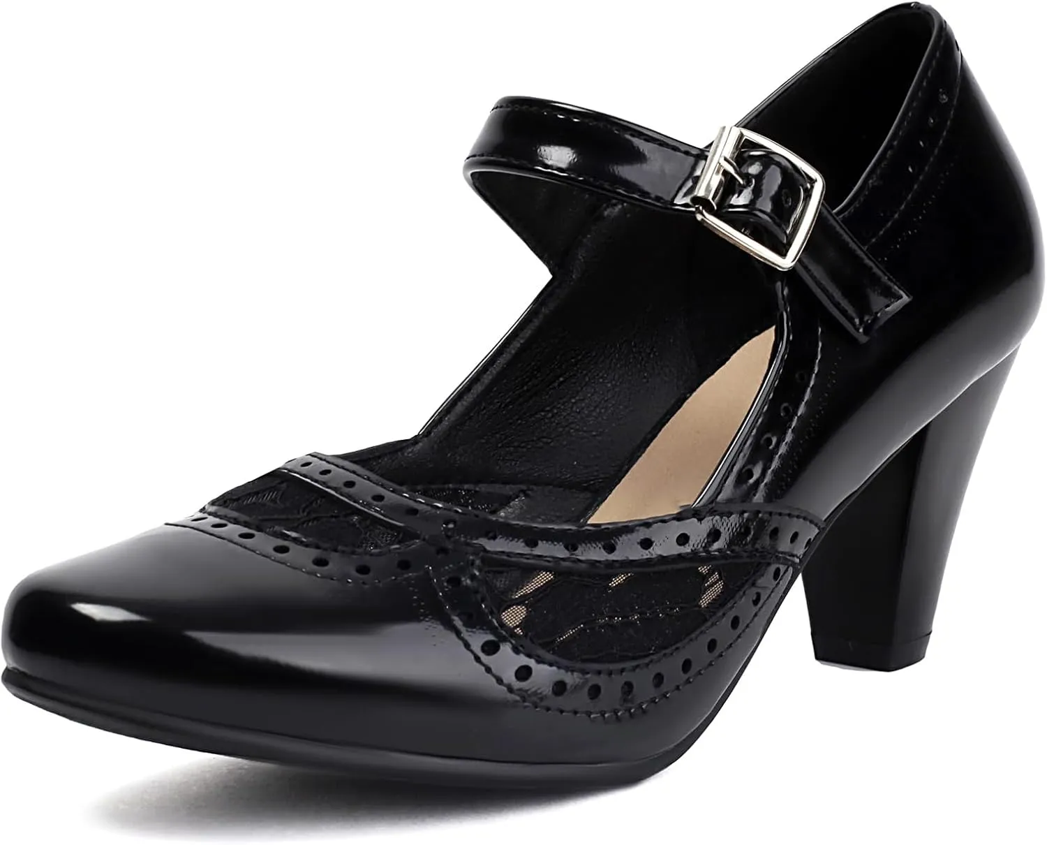 Elerhythm Women's Mary Jane Lace Flower Closed Round Toe Vintage Heels Gatsby 1950s Pumps 1920s Victorian Retro Shoes