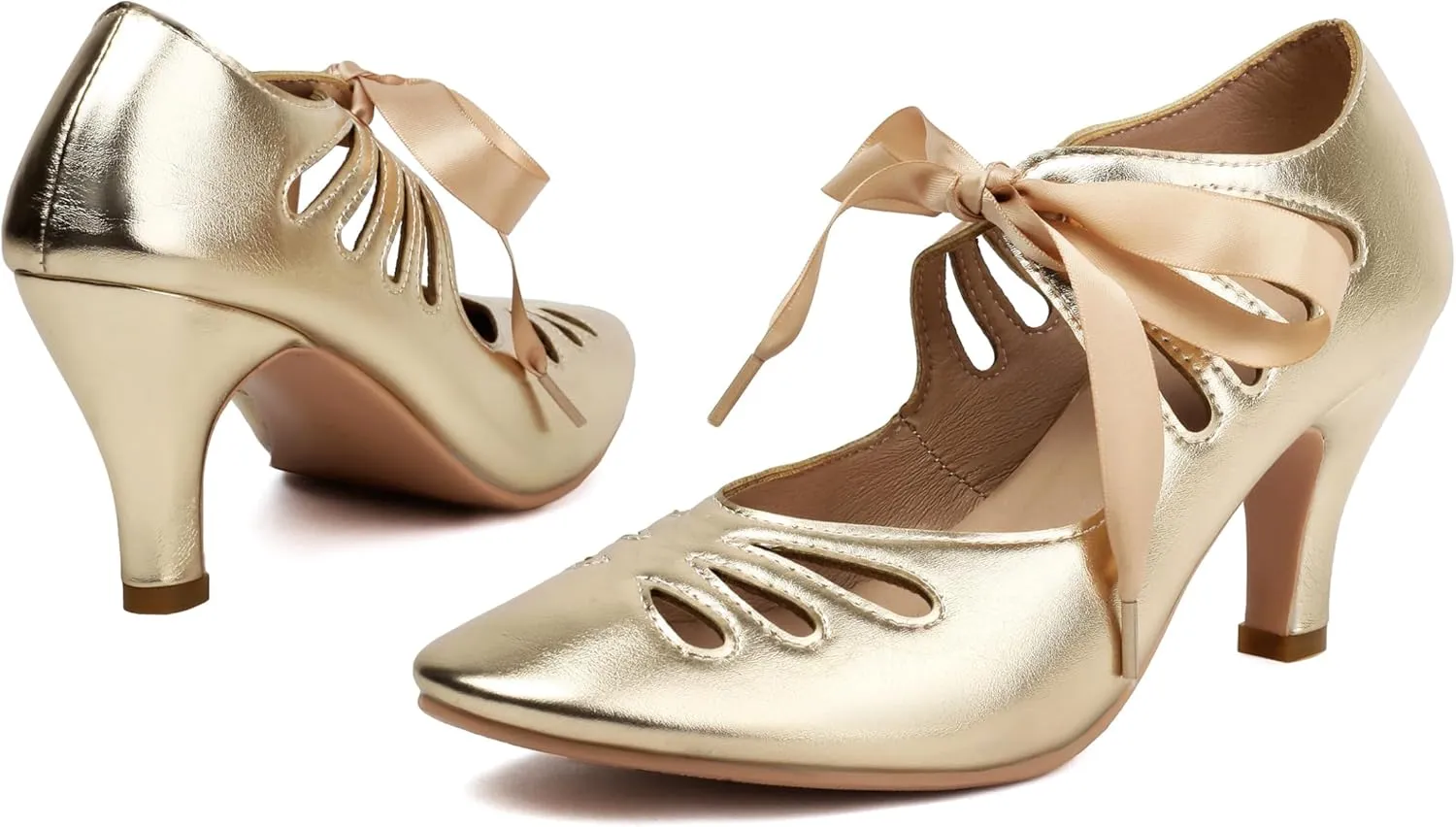Elerhythm Women's Mary Jane Lace Up Teardrop Cut Out Close Round Toe Vintage 1950s Gatsby Heels Retro 1920s Victorian Pumps Shoes