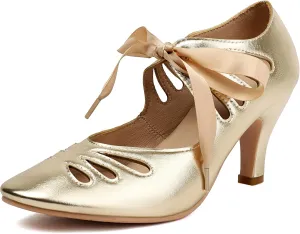 Elerhythm Women's Mary Jane Lace Up Teardrop Cut Out Close Round Toe Vintage 1950s Gatsby Heels Retro 1920s Victorian Pumps Shoes