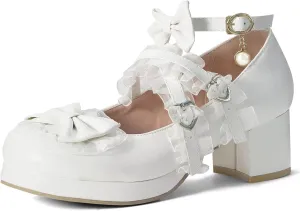 Elerhythm Women's Mary Jane Platform Chunky Block Heels Cute Cosplay Kawaii Bow Lace Dresses Cross-Tied Round Toe Ankle Strap Shoes
