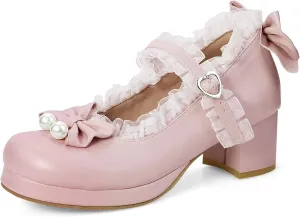 Elerhythm Women's Mary Jane Platform Chunky Block Heels Cute Cosplay Kawaii Bow Lace Dresses Cross-Tied Round Toe Ankle Strap Shoes