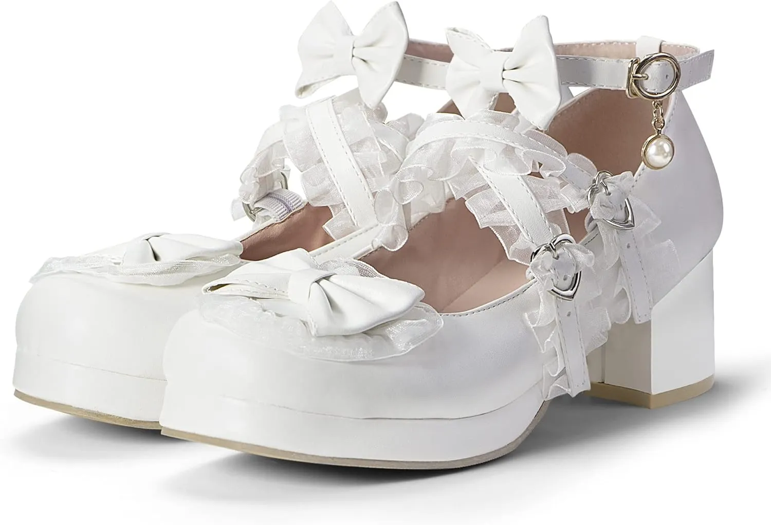 Elerhythm Women's Mary Jane Platform Chunky Block Heels Cute Cosplay Kawaii Bow Lace Dresses Cross-Tied Round Toe Ankle Strap Shoes