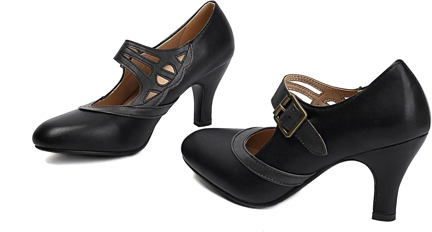 Elerhythm Women's Mary Jane Rockability Close Round Toe Vintage 1950s Heels Retro 1920s Victorian Pumps Shoes