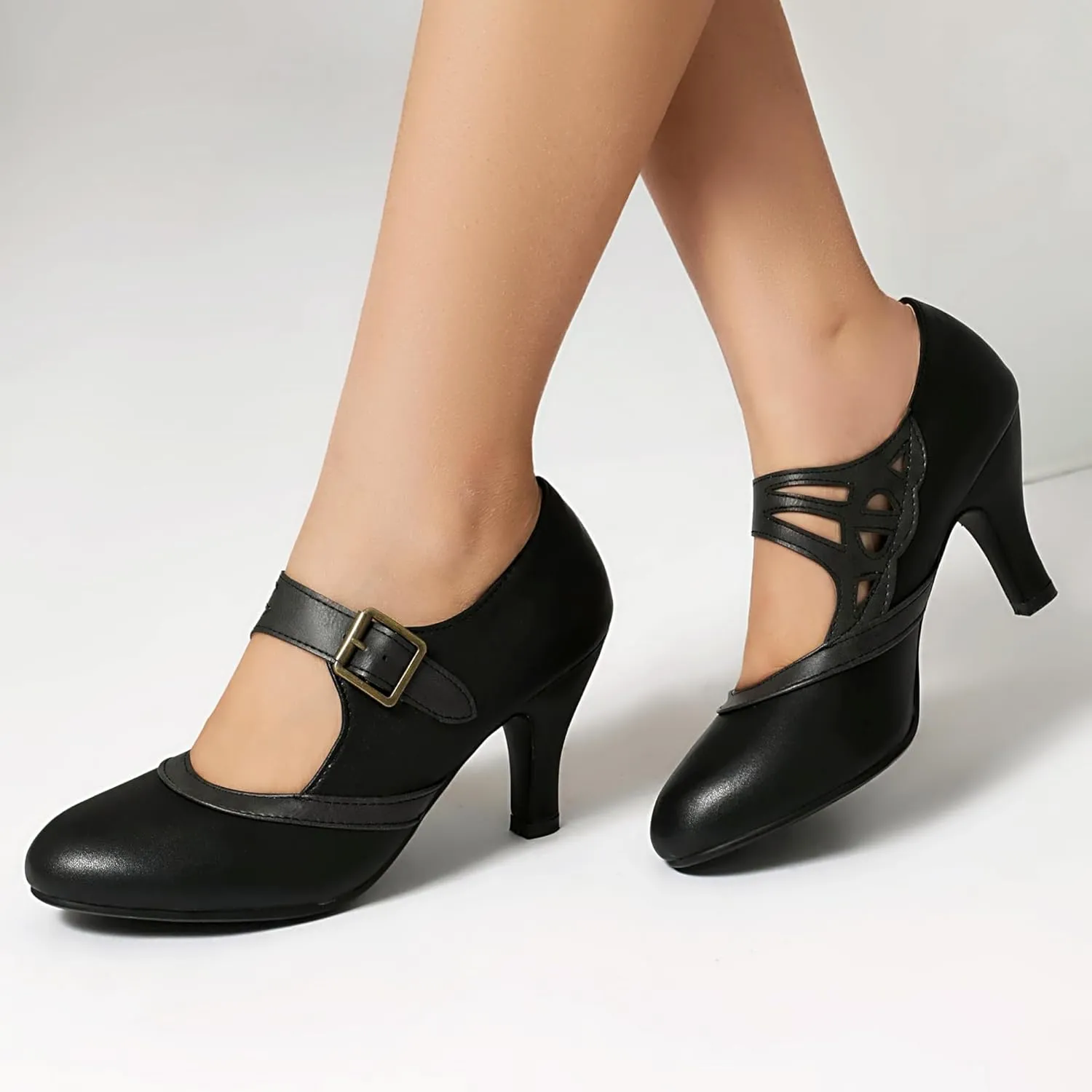 Elerhythm Women's Mary Jane Rockability Close Round Toe Vintage 1950s Heels Retro 1920s Victorian Pumps Shoes