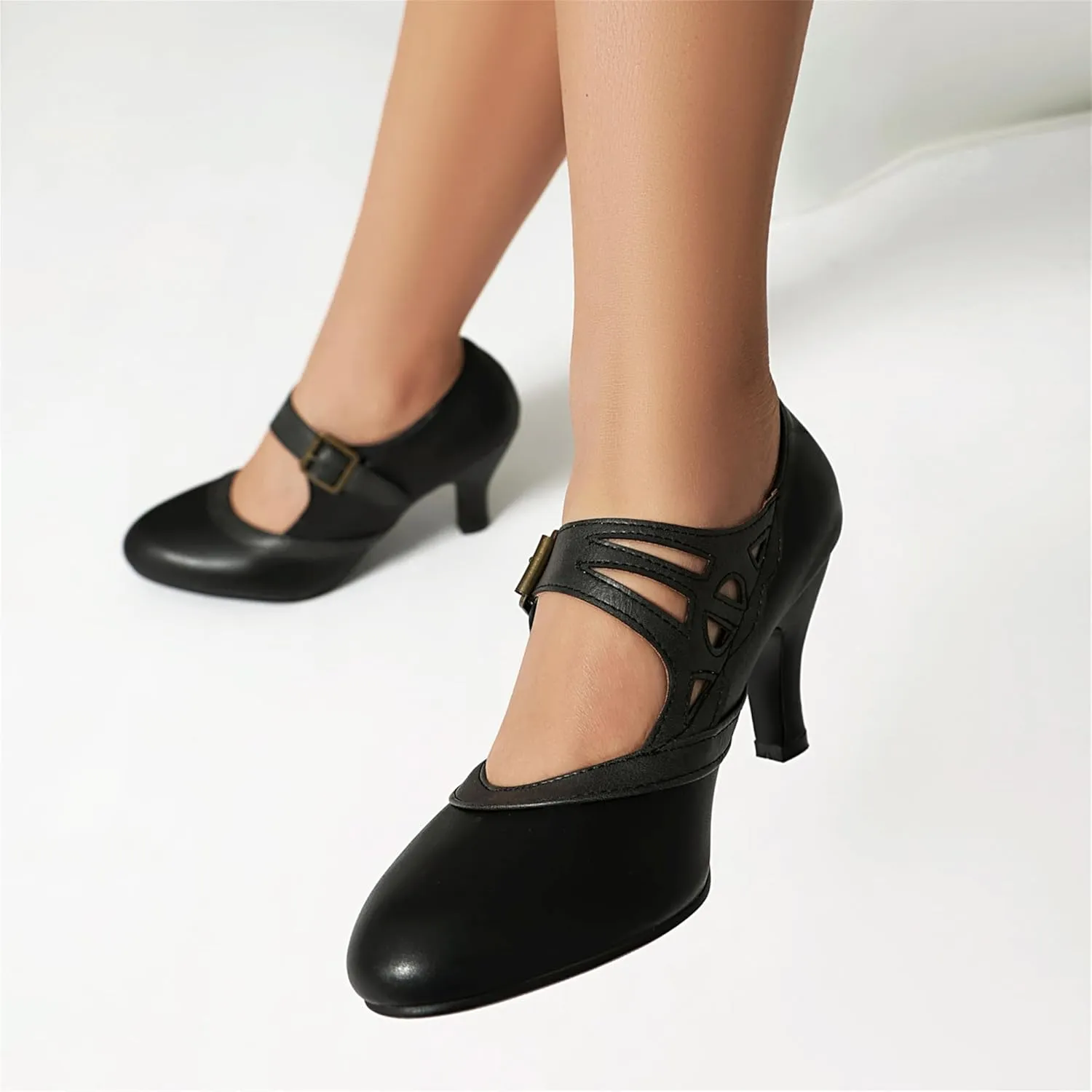 Elerhythm Women's Mary Jane Rockability Close Round Toe Vintage 1950s Heels Retro 1920s Victorian Pumps Shoes