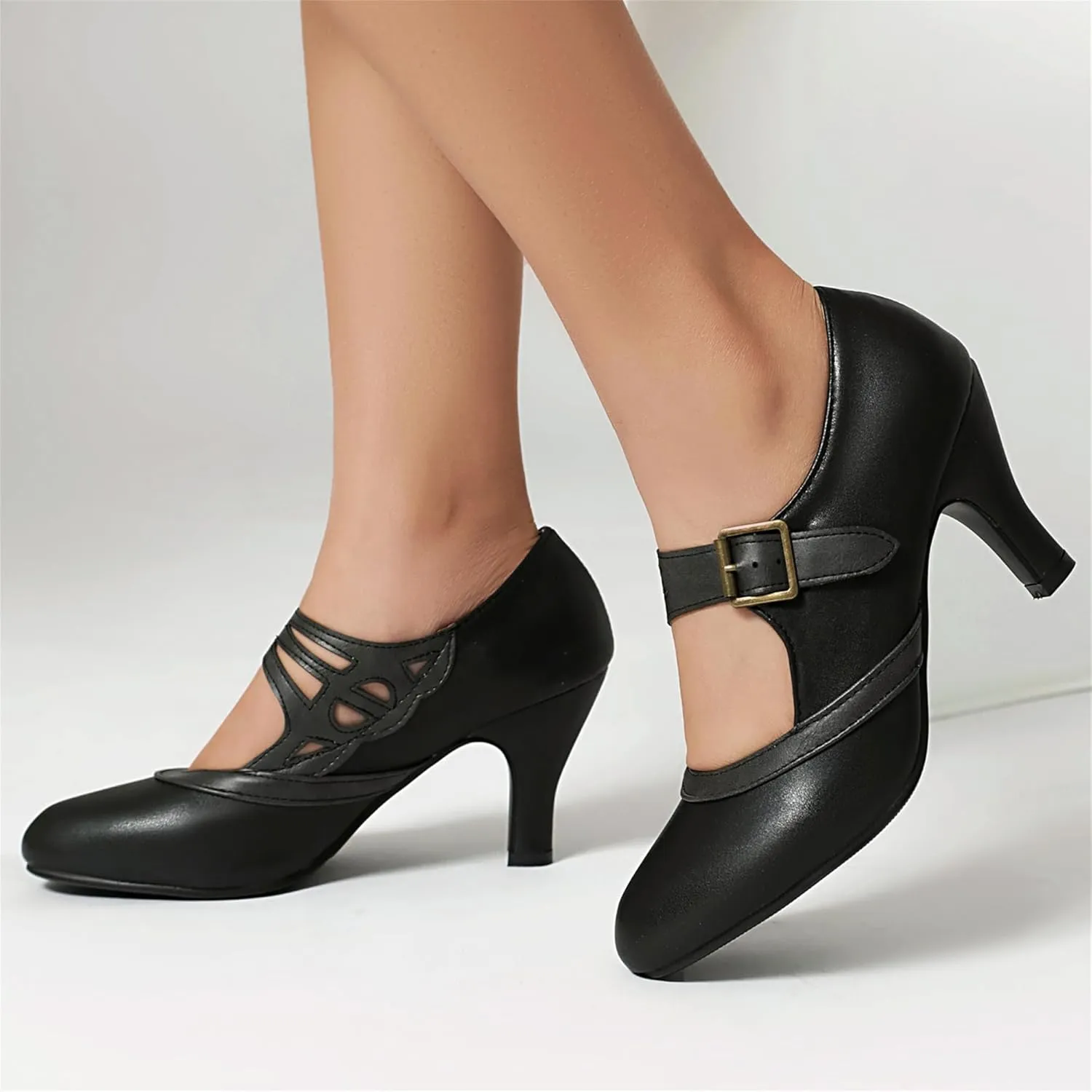 Elerhythm Women's Mary Jane Rockability Close Round Toe Vintage 1950s Heels Retro 1920s Victorian Pumps Shoes