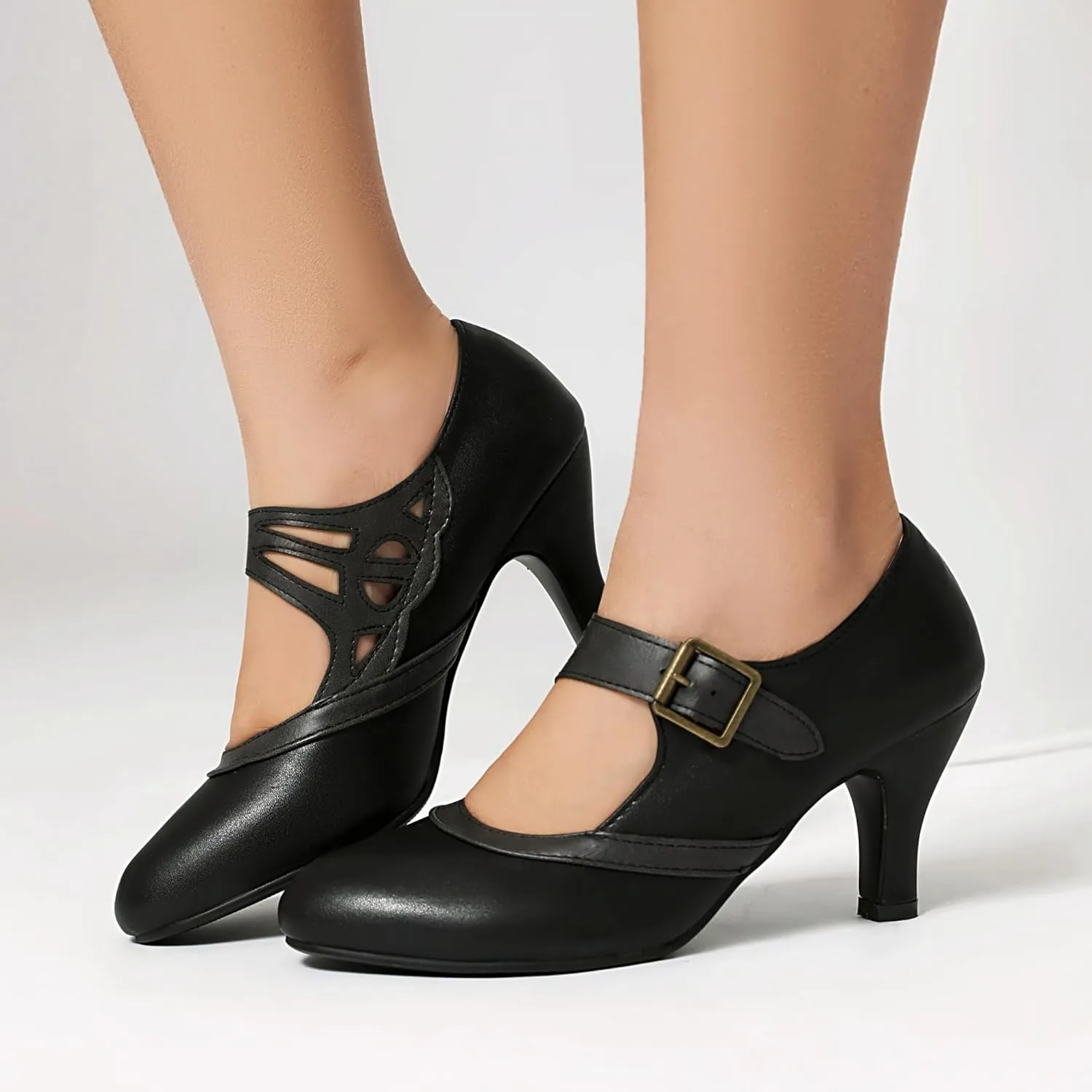 Elerhythm Women's Mary Jane Rockability Close Round Toe Vintage 1950s Heels Retro 1920s Victorian Pumps Shoes