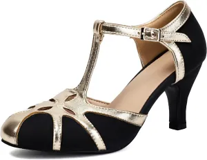 Elerhythm Women's Mary Jane Rockability Tear Cut Close Round Toe T Strap Vintage 1950s Gatsby Heels Retro 1920s Victorian Pumps Shoes (Black US8)