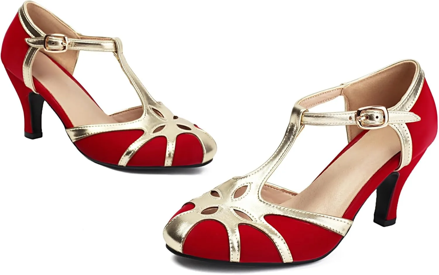 Elerhythm Women's Mary Jane Rockability Tear Cut Close Round Toe T Strap Vintage 1950s Heels Retro 1920s Victorian Pumps Shoes