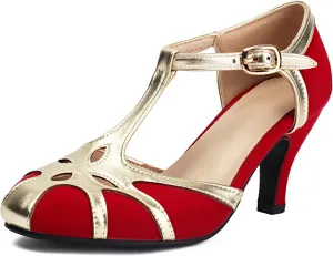 Elerhythm Women's Mary Jane Rockability Tear Cut Close Round Toe T Strap Vintage 1950s Heels Retro 1920s Victorian Pumps Shoes