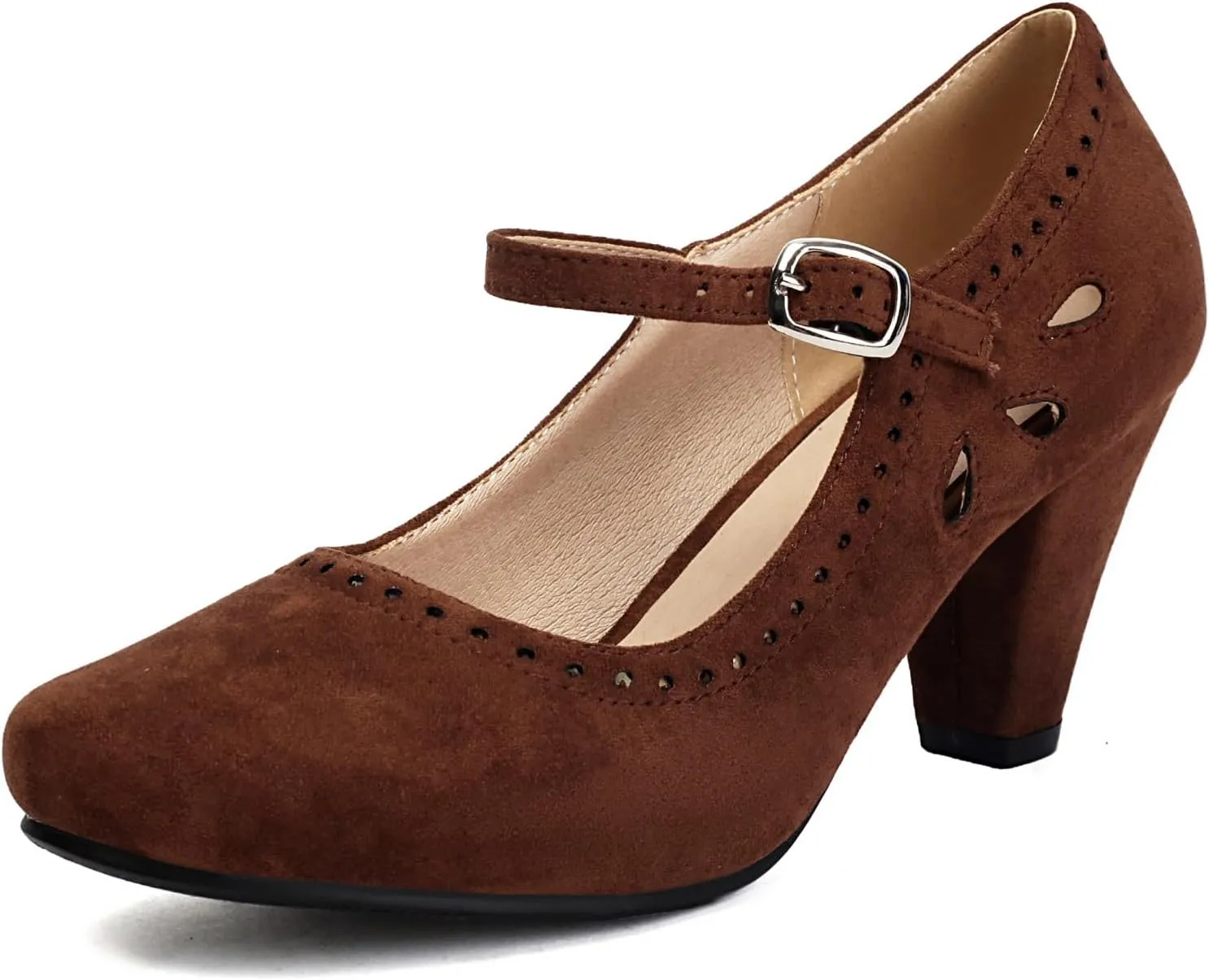 Elerhythm Women's Mary Jane Teardrop Cutout Classic and Retro 1920s Pump Heels 1950s Vintage Round Closed Toe 1940s Ankle Strap Dress Shoes