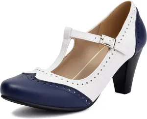 Elerhythm Women's Mary Jane Two Tone Classic and Retro Oxford Wingtip 1920s Pump Heels 1950s Vintage Round Closed Toe 1940s Ankle Strap Dress Shoes