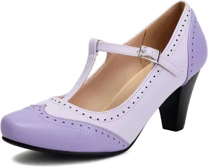 Elerhythm Women's Mary Jane Two Tone Classic and Retro Oxford Wingtip 1920s Pump Heels 1950s Vintage Round Closed Toe 1940s Ankle Strap Dress Shoes