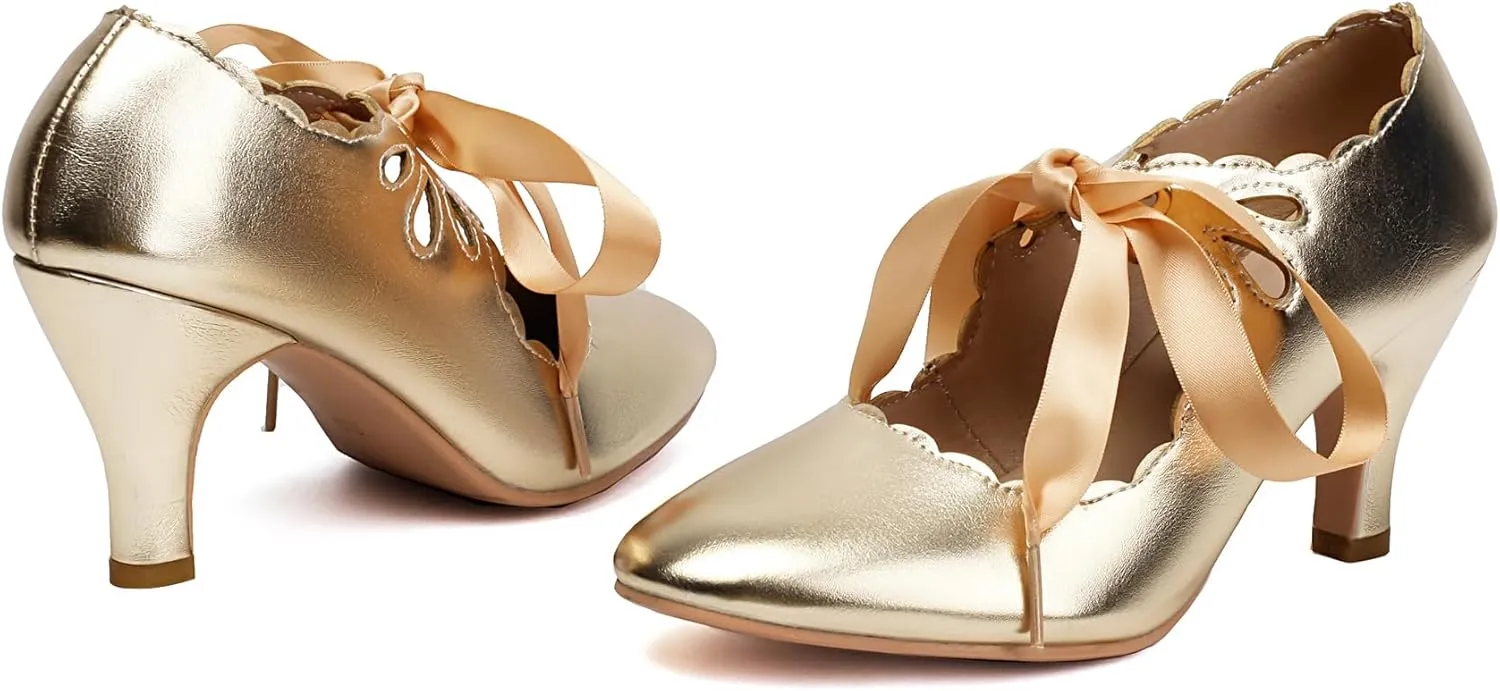 Elerhythm Women's Mary Jane Vintage Lace Up Teardrop Cut Out Close Round Toe 1920s Gatsby Heels Retro 1950s Victorian Pumps Suede Shoes
