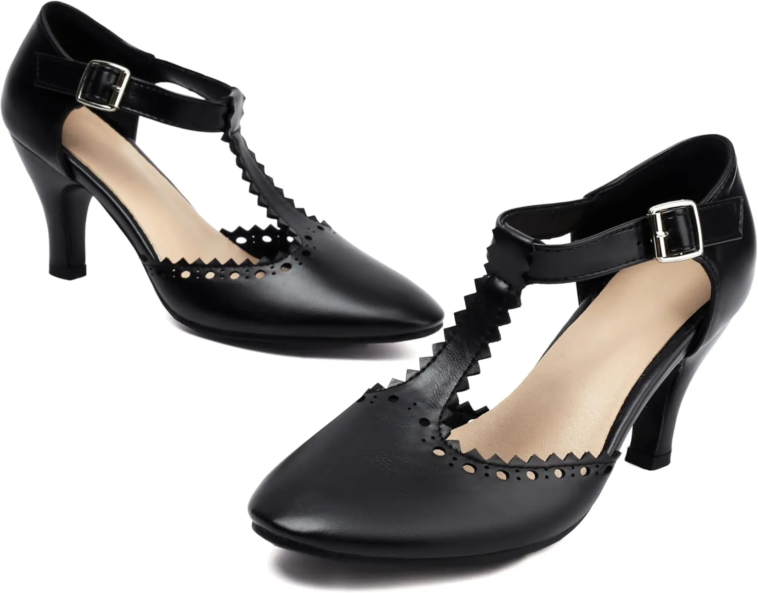 Elerhythm Women's Mary Jane Wingtip Close Round Toe Vintage 1920s Gatsby Heels Retro 1950s Victorian Pumps Shoes