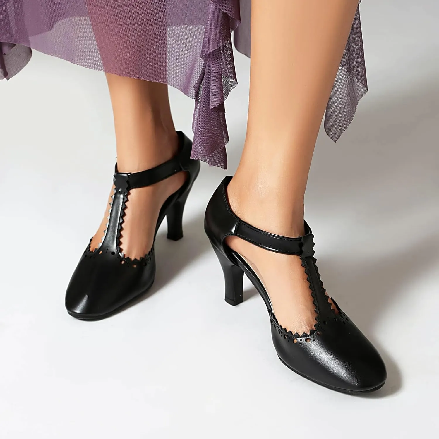 Elerhythm Women's Mary Jane Wingtip Close Round Toe Vintage 1920s Gatsby Heels Retro 1950s Victorian Pumps Shoes