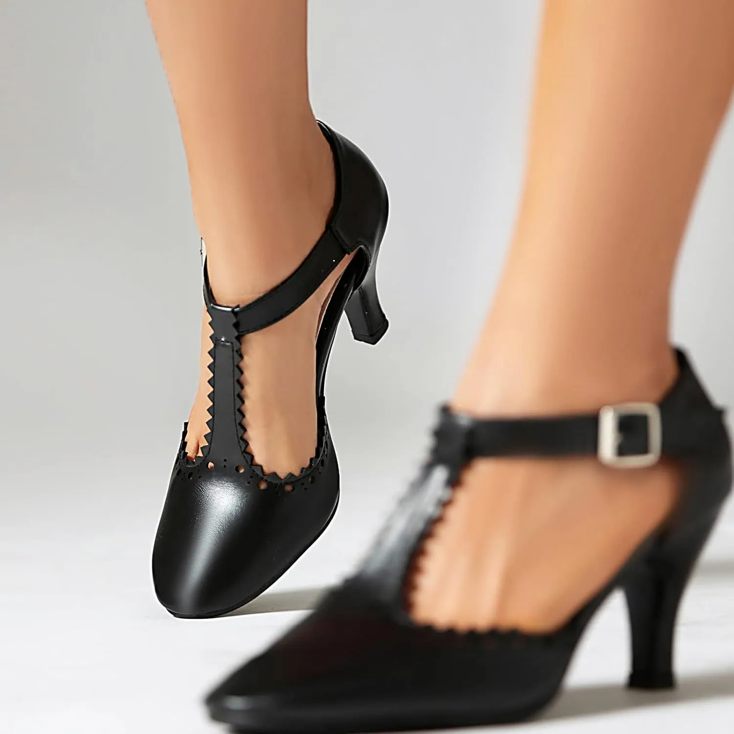 Elerhythm Women's Mary Jane Wingtip Close Round Toe Vintage 1920s Gatsby Heels Retro 1950s Victorian Pumps Shoes