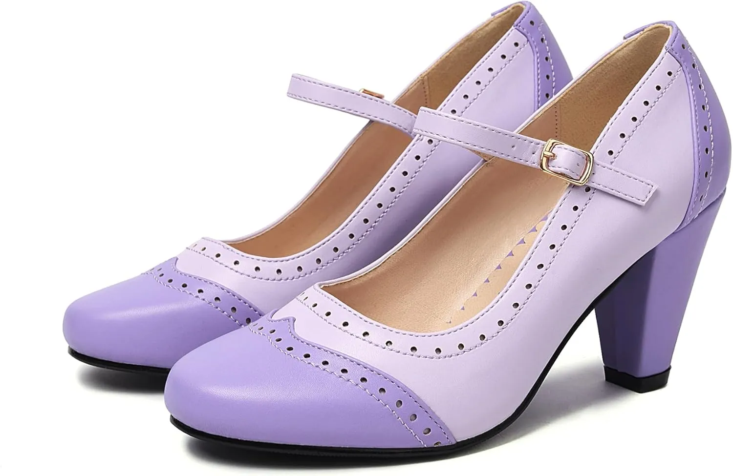 Elerhythm Women's Two Tone Mary Jane Classic and Retro 1920s Pump Heels Gatsby Oxford Pattern 1950s Vintage Round Closed Toe Ankle Strap Dress Shoes