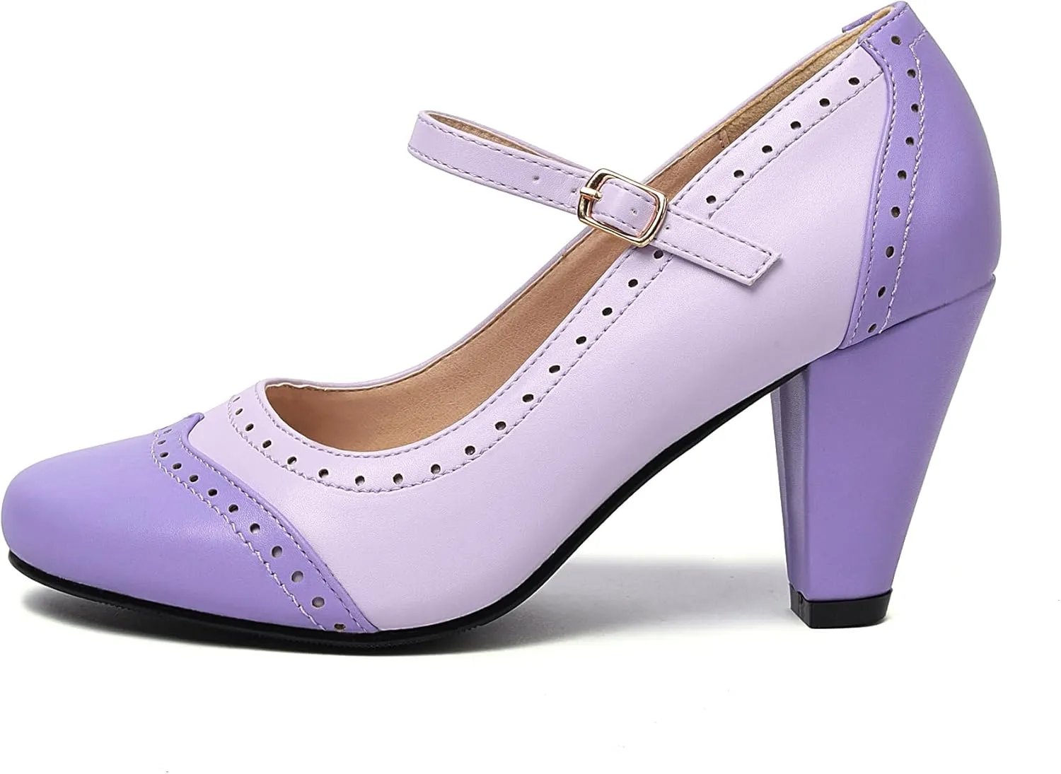 Elerhythm Women's Two Tone Mary Jane Classic and Retro 1920s Pump Heels Gatsby Oxford Pattern 1950s Vintage Round Closed Toe Ankle Strap Dress Shoes