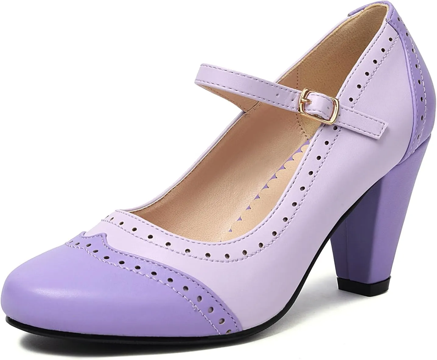 Elerhythm Women's Two Tone Mary Jane Classic and Retro 1920s Pump Heels Gatsby Oxford Pattern 1950s Vintage Round Closed Toe Ankle Strap Dress Shoes