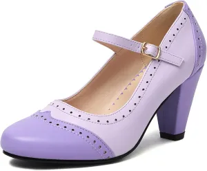 Elerhythm Women's Two Tone Mary Jane Classic and Retro 1920s Pump Heels Gatsby Oxford Pattern 1950s Vintage Round Closed Toe Ankle Strap Dress Shoes