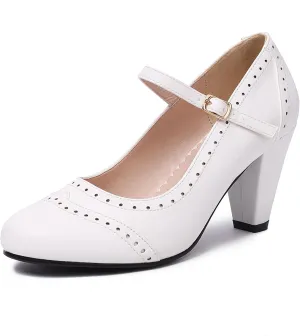 Elerhythm Women's Two Tone Mary Jane Classic and Retro 1920s Pump Heels Oxford Pattern 1950s Vintage Round Closed Toe Ankle Strap Dress Shoes