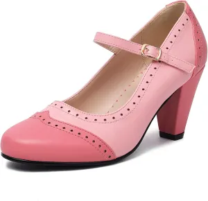 Elerhythm Women's Two Tone Mary Jane Classic and Retro 1920s Pump Heels Oxford Pattern 1950s Vintage Round Closed Toe Ankle Strap Dress Shoes