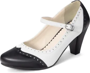 Elerhythm Women's Two Tone Mary Jane Classic and Retro 1920s Pump Heels Oxford Pattern 1950s Vintage Round Closed Toe Ankle Strap Dress Shoes