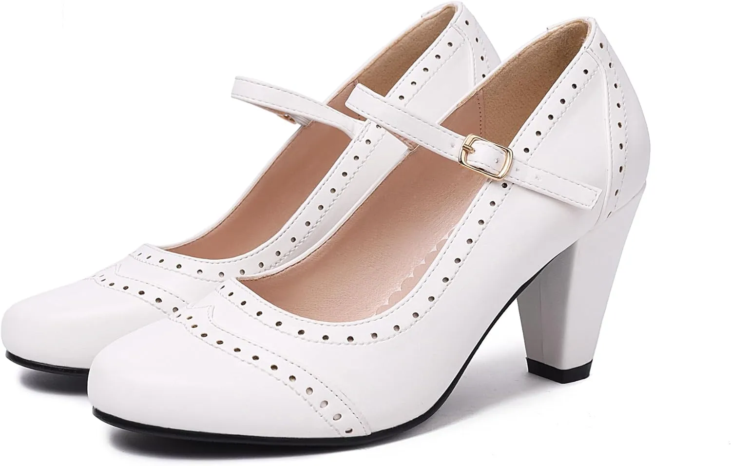 Elerhythm Women's Two Tone Mary Jane Classic and Retro 1920s Pump Heels Oxford Pattern 1950s Vintage Round Closed Toe Ankle Strap Dress Shoes