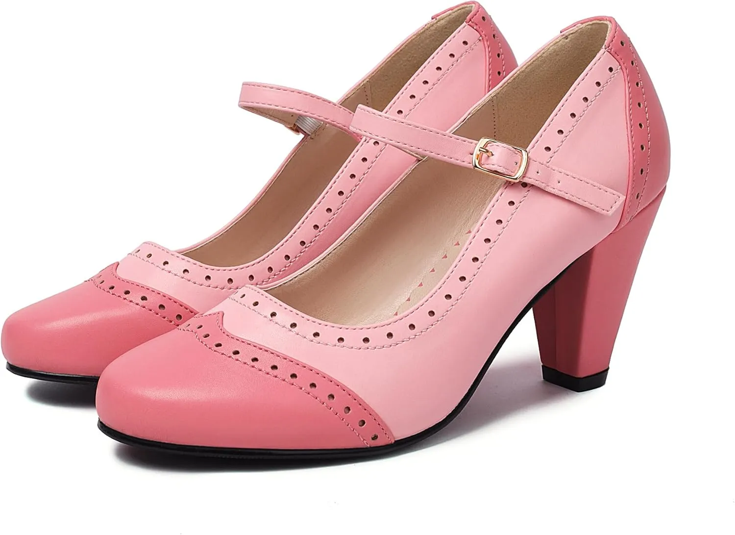Elerhythm Women's Two Tone Mary Jane Classic and Retro 1920s Pump Heels Oxford Pattern 1950s Vintage Round Closed Toe Ankle Strap Dress Shoes