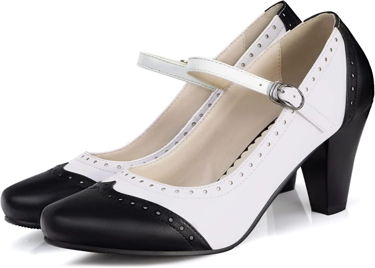 Elerhythm Women's Two Tone Mary Jane Classic and Retro 1920s Pump Heels Oxford Pattern 1950s Vintage Round Closed Toe Ankle Strap Dress Shoes