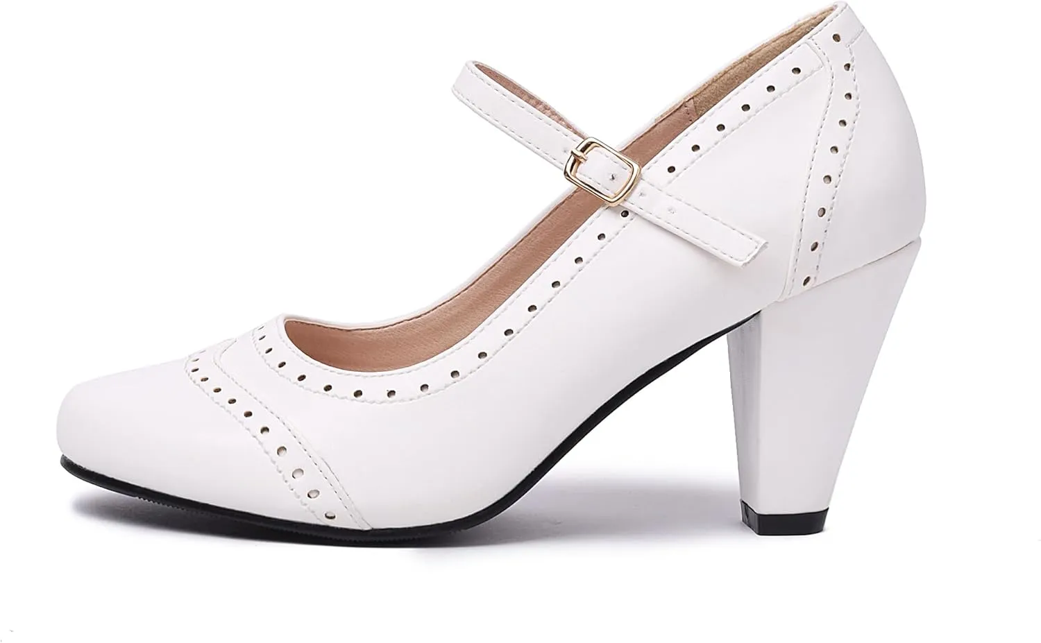 Elerhythm Women's Two Tone Mary Jane Classic and Retro 1920s Pump Heels Oxford Pattern 1950s Vintage Round Closed Toe Ankle Strap Dress Shoes
