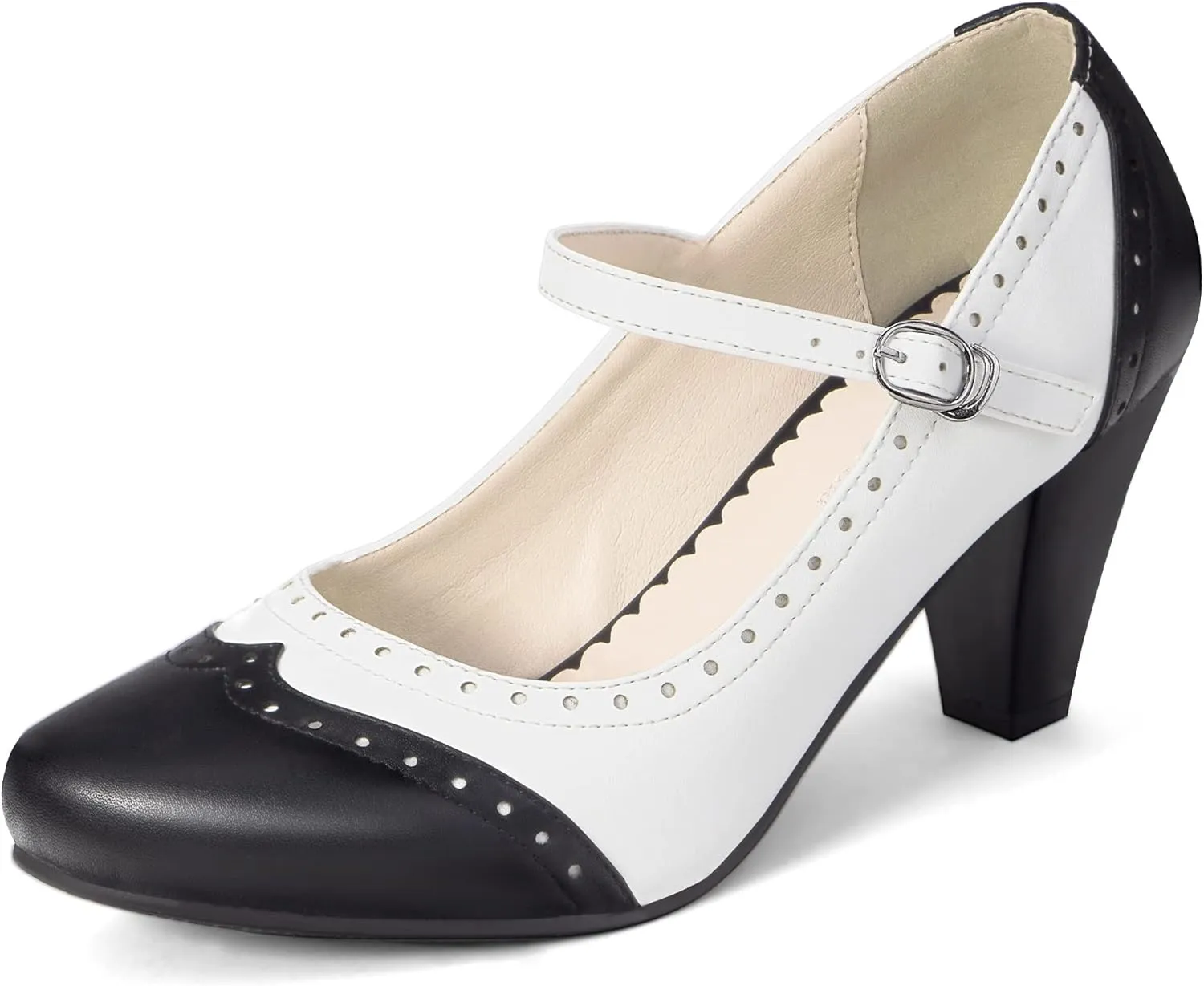 Elerhythm Women's Two Tone Mary Jane Classic and Retro 1920s Pump Heels Oxford Pattern 1950s Vintage Round Closed Toe Ankle Strap Dress Shoes