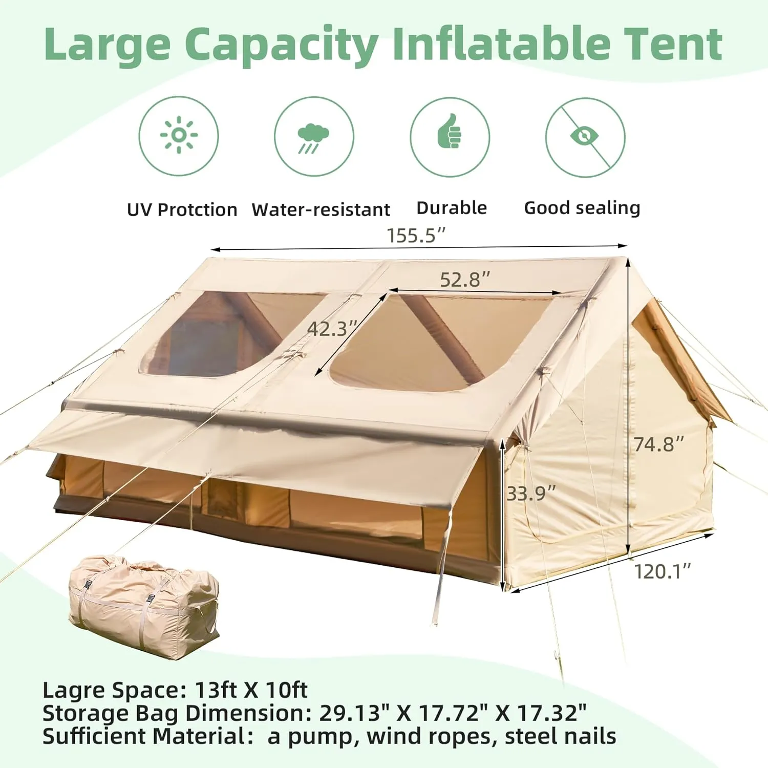 EROMMY Large Inflatable Camping Tent, Blow Up Tent with Room, Easy Set-up